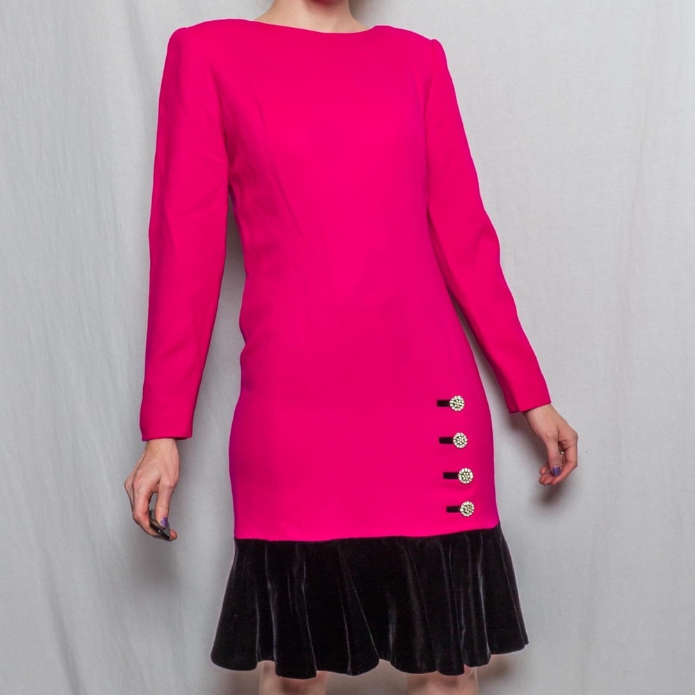 Vintage 80s Hot Pink Long Sleeve Dress with Black Velvet Bottom Sparkly Buttons